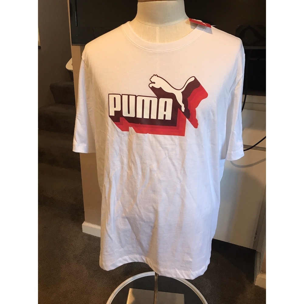 Puma Mens T-Shirt Front Logo Graphic Short Sleeves Sz XXL 2XL White 100% Cotton